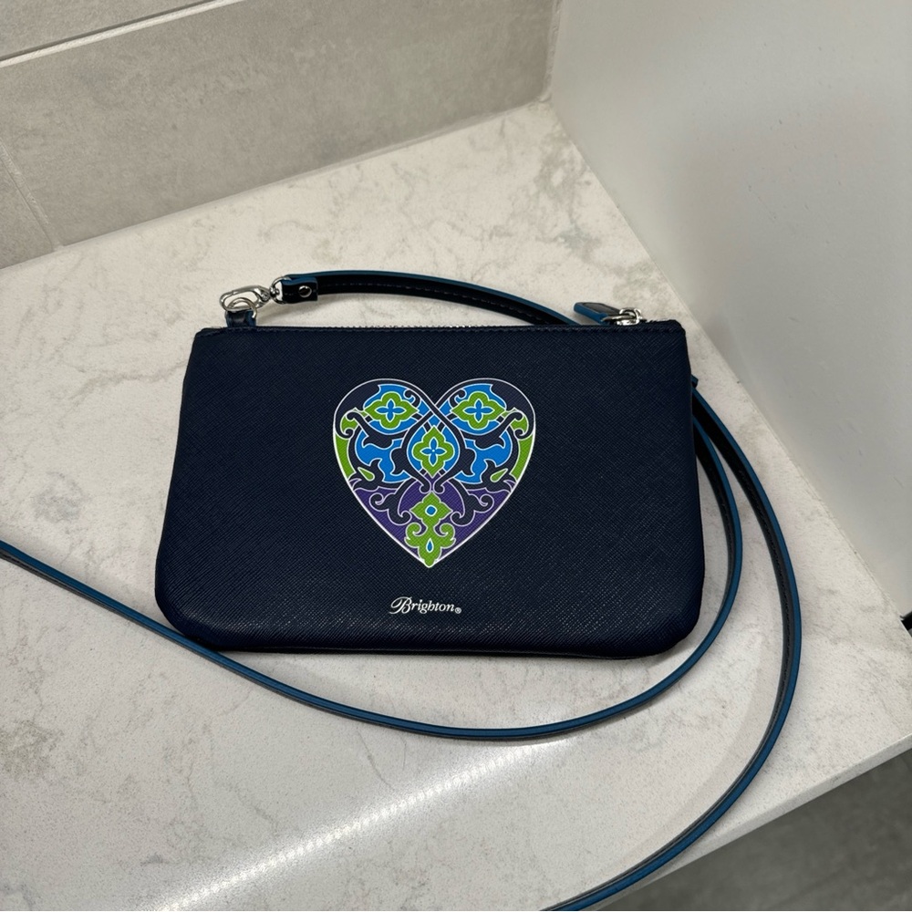 Brighton Navy Crossbody Wristlet with Blue, Green & Purple Heart Motif